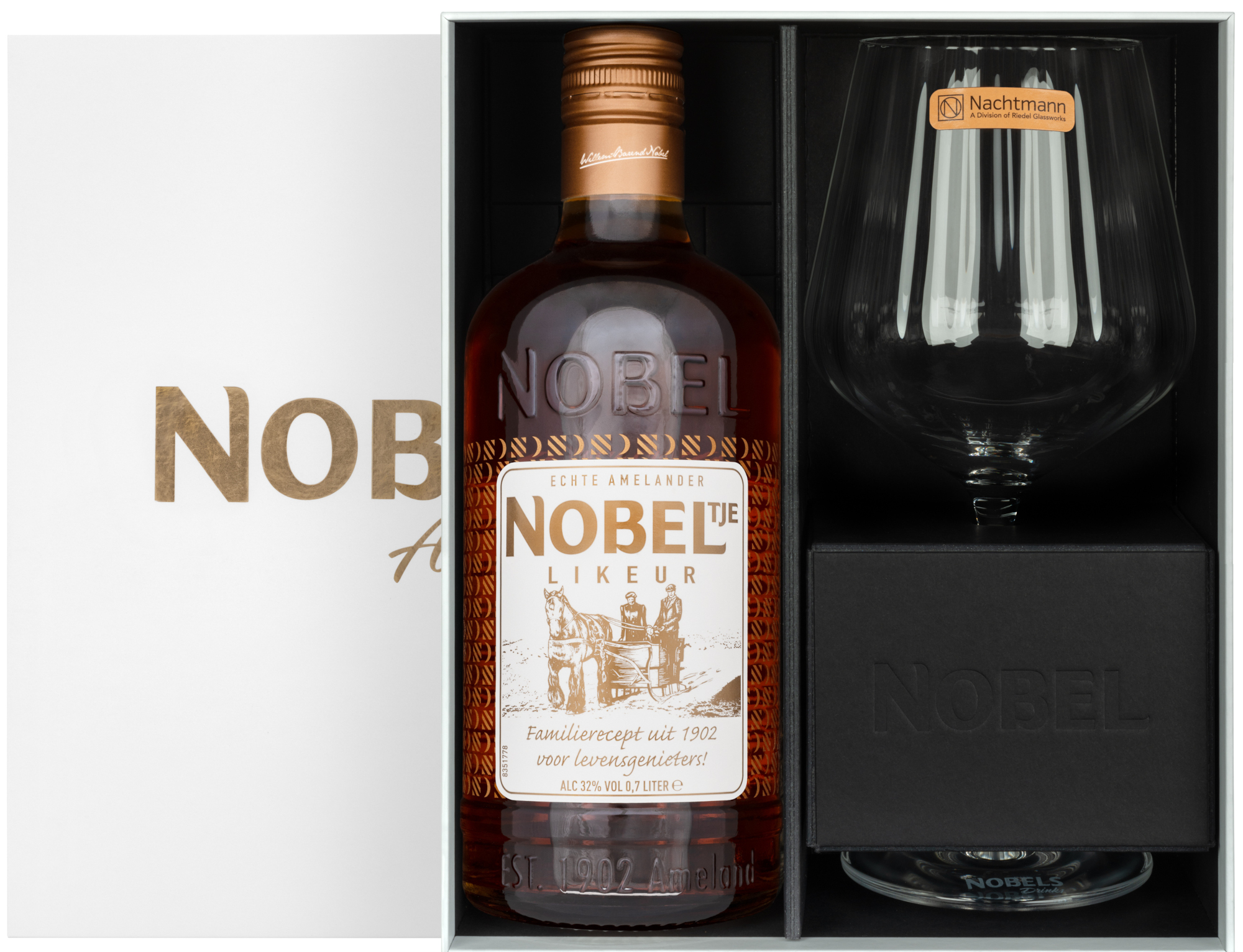Nobeltje GV + 2 shotglazen Fles 70 cl 32%